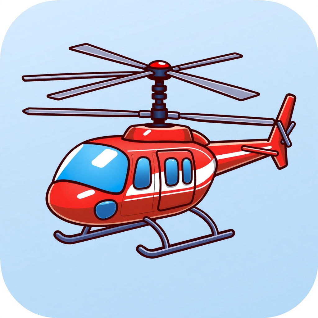 The image is a cartoon illustration of a red helicopter. The helicopter is in the center of the image and is facing towards the right side of the frame. It has a pointed nose and two windows on the front. The body of the helicopter is red with white stripes on the sides and a blue stripe on the tail. The wings are black and the propellers are red. The background is a light blue color. The image has a simple and cartoon-like style.