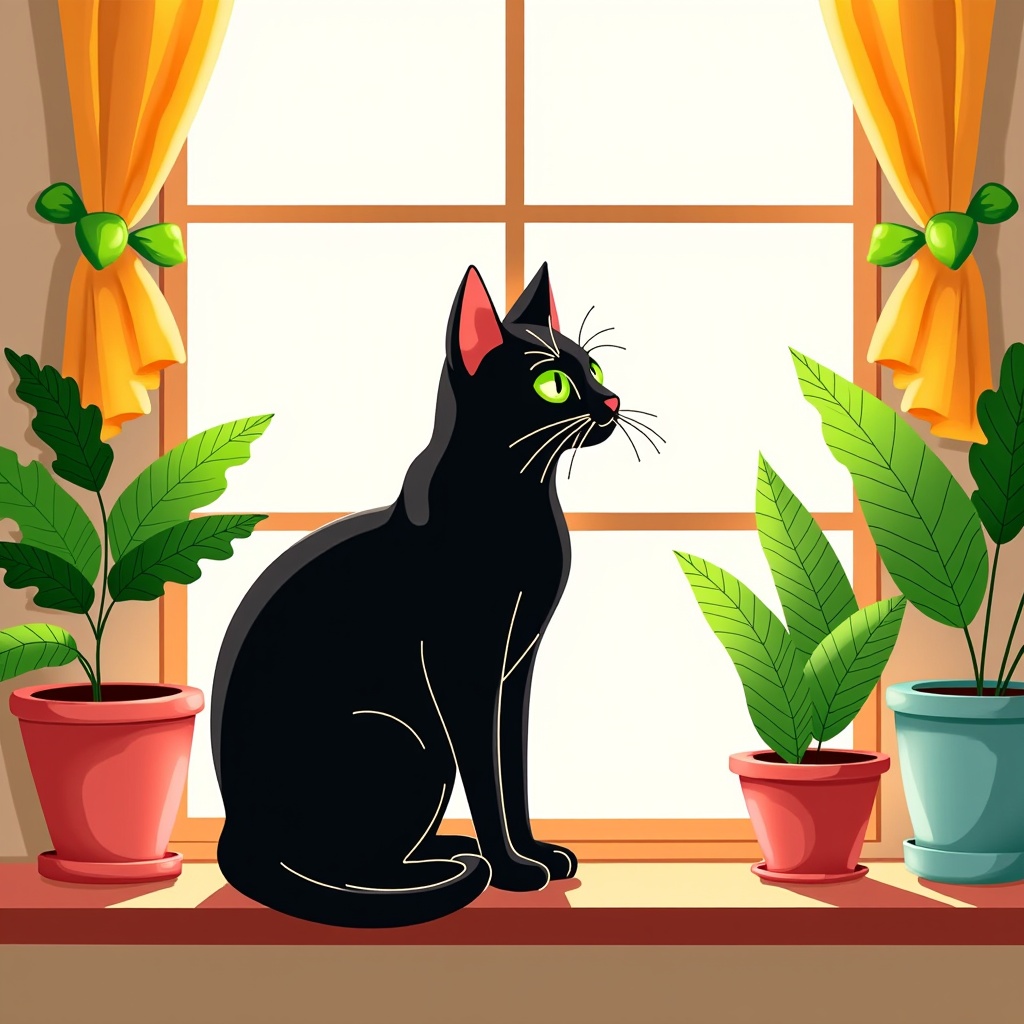  a black cat sitting on a window sill in front of a window. The cat is facing towards the right side of the image and is looking towards the left side. It has green eyes and is sitting with its tail curled around its body. The window is open and there are two potted plants on either side of it. The curtains are orange and yellow and are hanging on the windowsill. The background is a beige wall. The overall style of the illustration is cartoon-like.