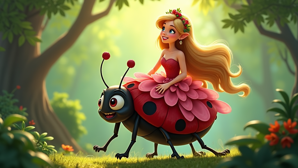 A princess with long, flowing hair adorned with berries and vines, riding a friendly, oversized ladybug through the woods.