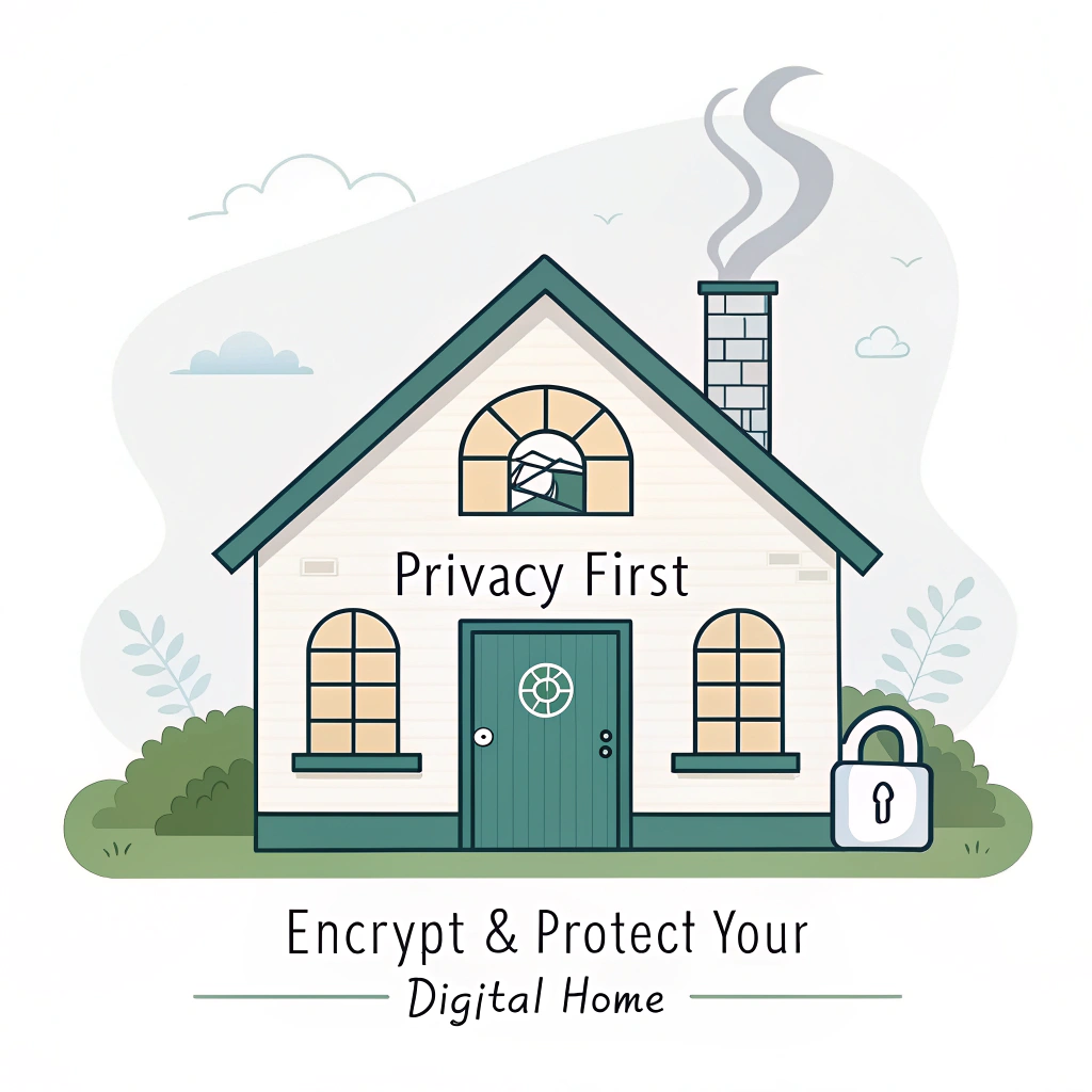 Data Safehouse: A charming house icon where windows are barred with '0s' and '1s' and the door is a vault door. Smoke from the chimney forms 'Privacy First'. Text: 'Encrypt & Protect Your Digital Home.'