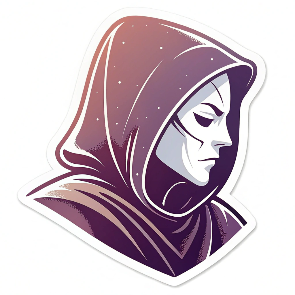 Sub Design Idea 4: 'Information Cloak' - A sticker depicting a stylized cloak or a mask icon, representing the user's control over their anonymity and what personal details are shared or kept hidden. Colors: subtle gradients, perhaps deep purples or charcoals.