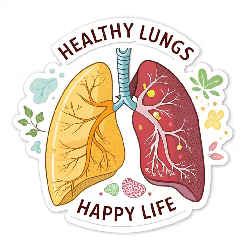 Sub-design idea 4: Sticker showing a clear visual transition: one side depicting constricted or dull-colored lungs, transforming into bright, open, and vibrant lungs on the other side. The slogan 'Healthy Lungs, Happy Life' bridges or frames this positive journey.