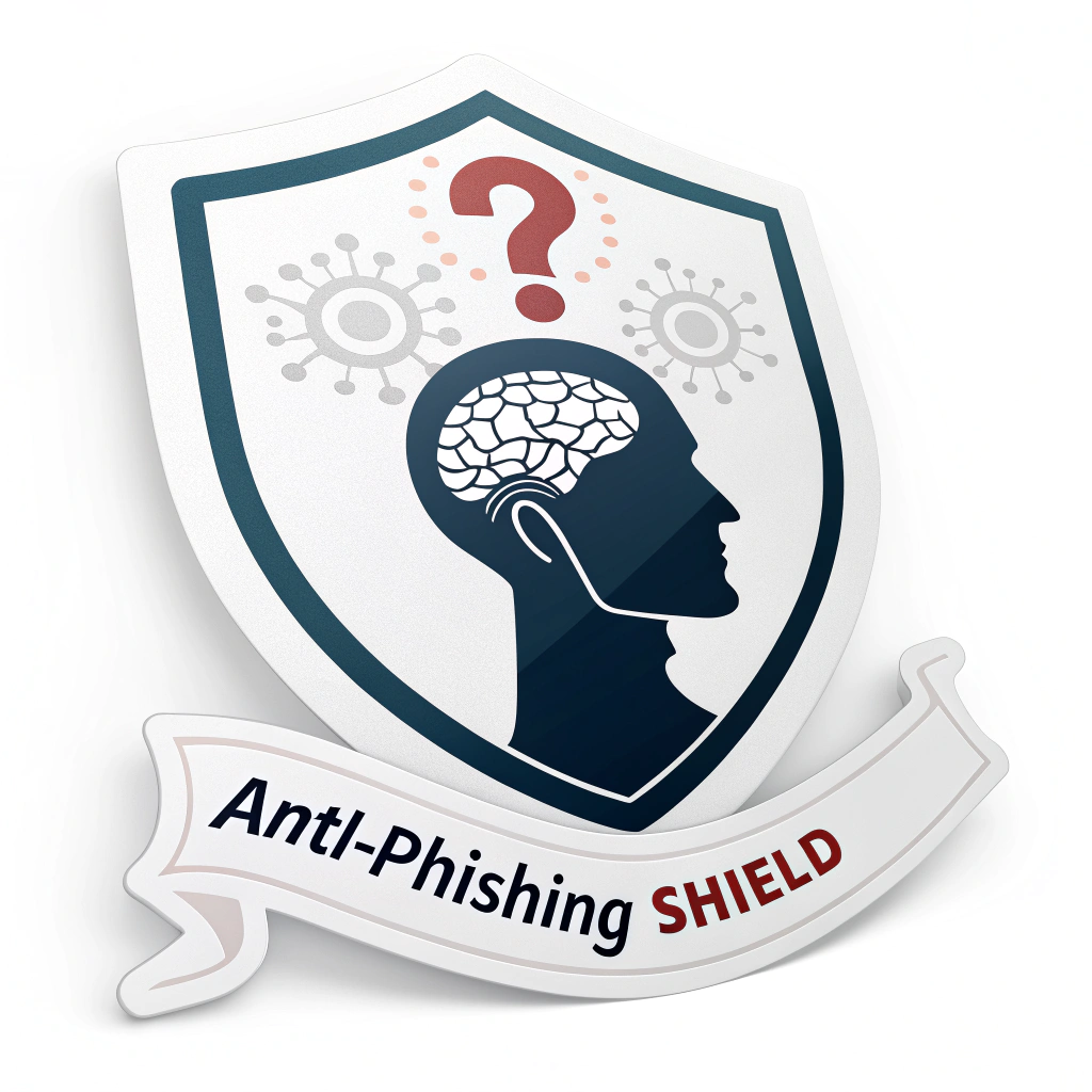 Sub Design Idea 2: A shield silhouette containing a stylized human brain with a glowing question mark above it, symbolizing critical thinking. The phrase 'Anti-Phishing Shield' is placed below as a strong banner.