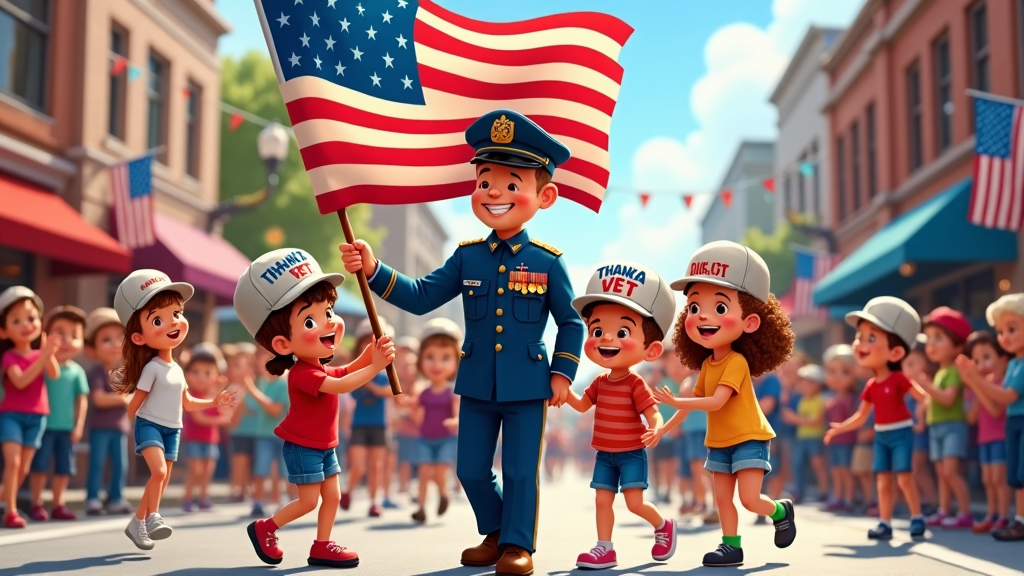 A vibrant parade illustration where a veteran and kids march joyfully with a large American flag. The street is thronged with spectators waving while buildings are adorned with festive banners. Children wear custom hats with messages like 'Thank A Vet,' capturing the celebratory and grateful spirit.