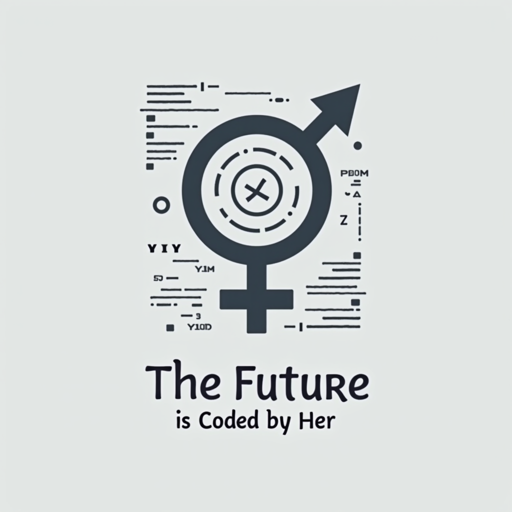Simple/Iconic 'Coded by Her' Symbol: A clean, memorable icon combining the female symbol (♀) with a distinct tech element. For example, the circle of the female symbol could be a stylized cogwheel, a data chip outline, or formed by code brackets '{ }'. The slogan 'The Future is Coded by Her' is placed directly below in a clear, modern typeface. This design serves as a simple and direct iconic representation.