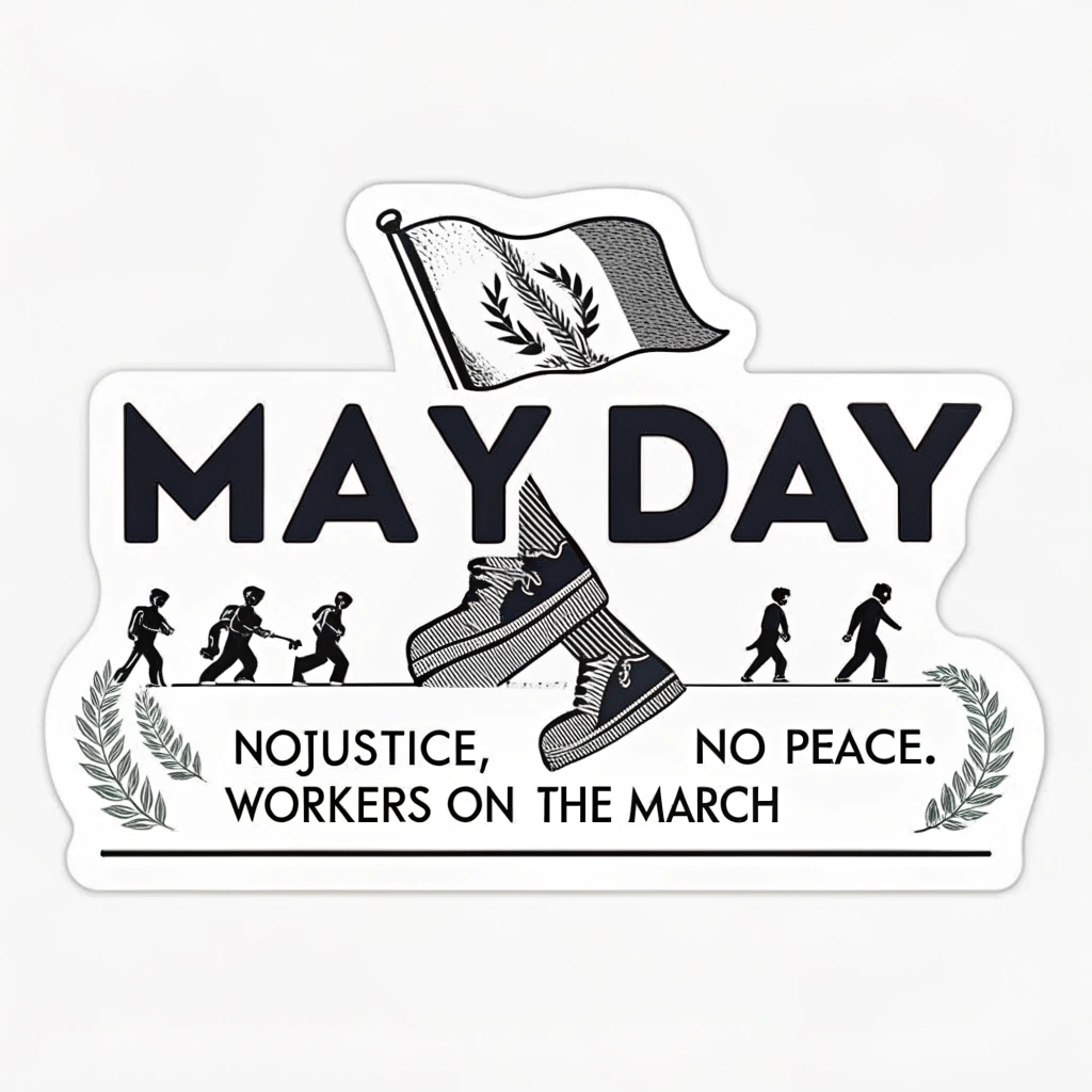 Simple Logo Idea: The words 'MAY DAY' in a strong, sans-serif typeface, with a stylized depiction of marching feet or a protest flag integrated into or alongside the typography. The slogan 'No Justice, No Peace: Workers on the March' can serve as a supportive tagline below.
