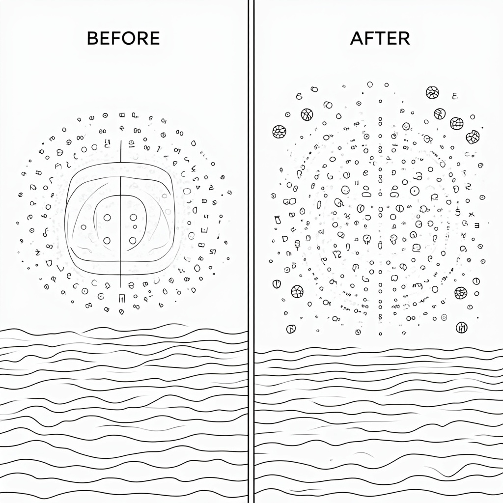 A before-and-after style page: one side shows a calm, undisturbed quantum field (perhaps a smooth grid or gentle waves). The other side shows the same field with various excitations – particles – appearing as distinct shapes or energetic patterns rising from the field, ready to be colored.