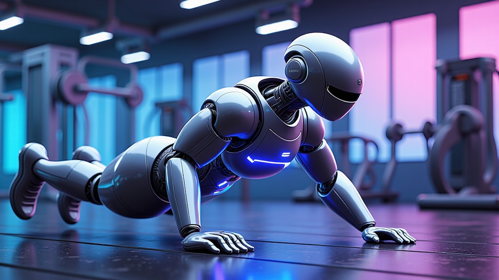  a robot in a gym. The robot is in a plank position with its arms and legs stretched out in front of it. It has a metallic body with a blue light on its head and arms. Its eyes are closed and it appears to be in a state of deep concentration. In the background, there are various exercise equipment and mirrors on the walls. The floor is made of concrete and there is a purple light shining on the robot. The overall mood of the image is futuristic and technological.