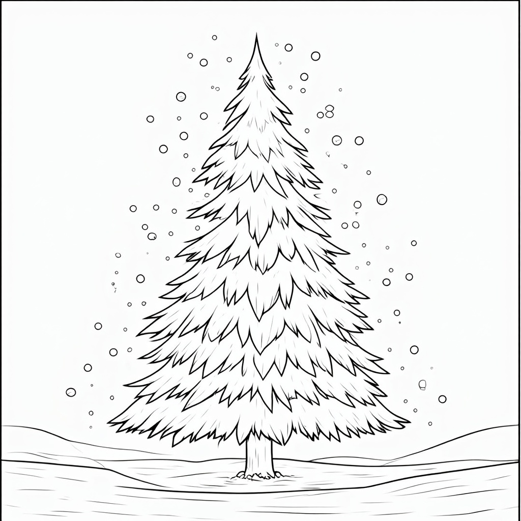 The image is a black and white line drawing of a Christmas tree. The tree is tall and slender with a pointed top and a conical trunk. It is covered in snowflakes, giving it a wintery appearance. The branches of the tree are thin and fluffy, and the trunk is slightly curved. The background is plain white, making the tree stand out. There are small circles scattered around the tree, adding a playful and whimsical touch to the image. The overall mood of the image is peaceful and serene.