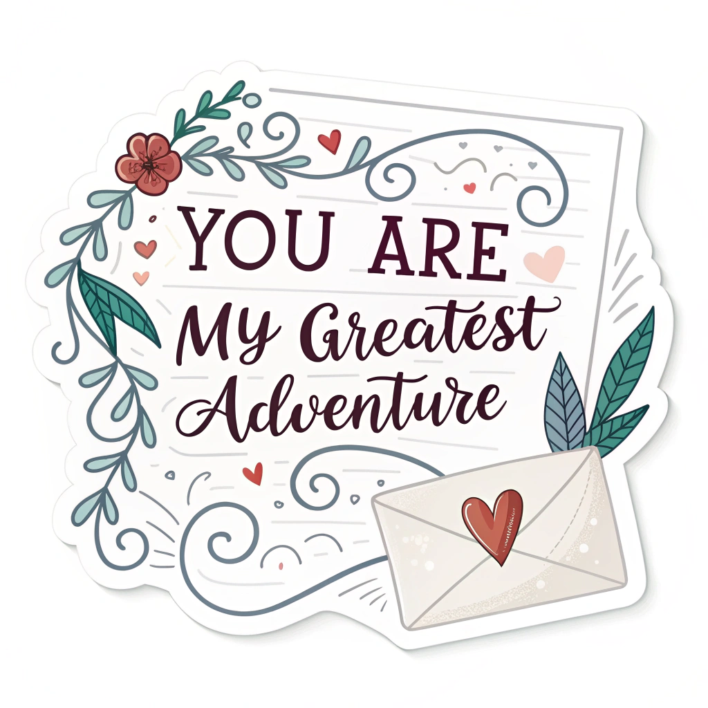 A sticker designed like a love letter, with a handwritten style font quote that says 'You are my greatest adventure'.