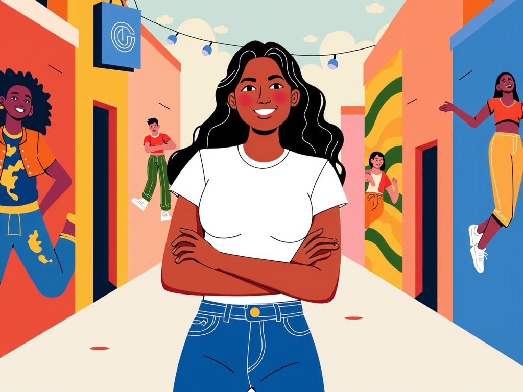 The image is an illustration of a young woman standing in a narrow alleyway with her arms crossed. She is wearing a white t-shirt and blue jeans. She has long black hair and is smiling at the camera. On either side of her, there are colorful buildings with orange, yellow, and blue walls. On the left side of the image, there is a young girl with curly hair wearing a yellow top and blue pants. She appears to be dancing or jumping in the air. In the background, two other young women can be seen walking through the alleyway. The sky is blue with white clouds and there are string lights hanging from the ceiling.