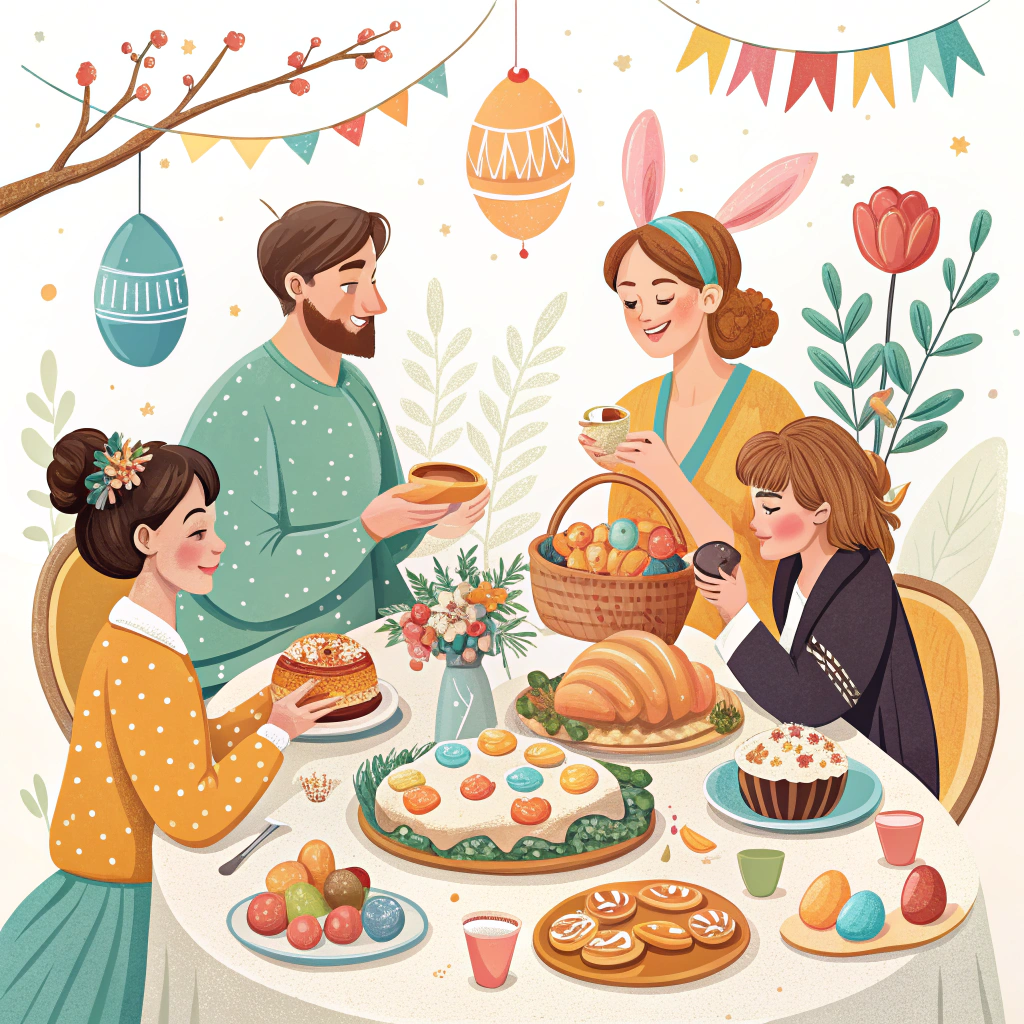 A sticker illustrating a festive Easter Monday brunch scene, with people gathered around a table enjoying traditional Easter treats.