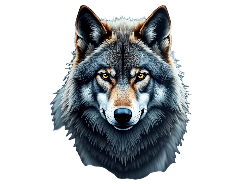 A hauntingly beautiful wolf portrait tattoo on the upper back, capturing the intensity of its gaze and the detailed fur strokes.