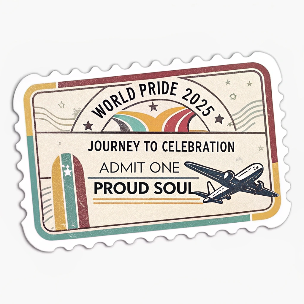Sub Design Idea 5: Retro Journey Ticket Stub Stamp - Styled like a vintage travel ticket stub or luggage tag, with serrated edges. Incorporates retro typography and imagery (e.g., an old airplane or train) combined with modern Progress Pride colors. Text: 'WorldPride 2025 - Journey to Celebration - Admit One Proud Soul'.