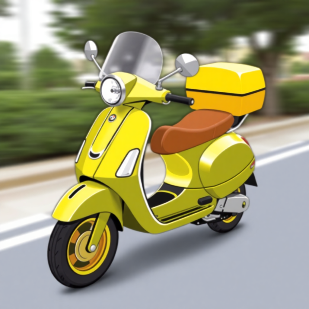  a yellow scooter on a road. The scooter has a sleek design with a round headlight and a large windshield. It has a brown leather seat and a yellow box attached to the back. The motorcycle is moving on the right side of the road, with trees and bushes in the background. The road appears to be in a residential area, as there are buildings visible in the distance. The image is animated, giving the impression that the scooter is moving at a high speed.