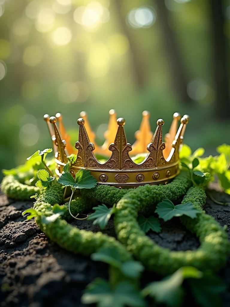 Golden crown lying in intertwined vines, a metaphorical representation of nature reclaiming its throne.