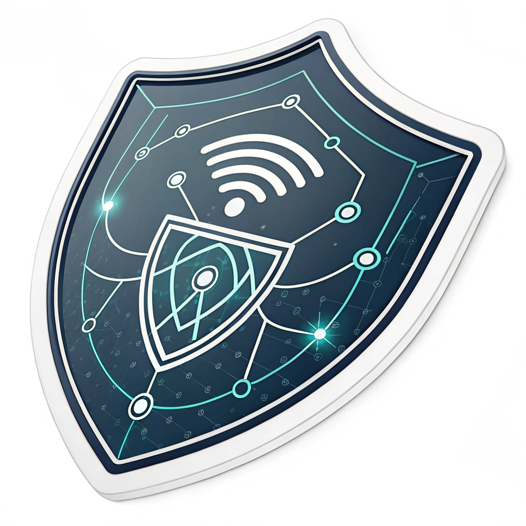 Abstract Network Guardian: A sleek, modern sticker design showing a stylized shield outline with abstract, glowing lines and nodes crossing its surface, representing secure data flow within a network, visually filtering or repelling incoming negative elements.