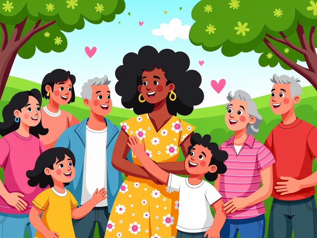 The image is an illustration of a group of people in a park. There are nine people in the image, all of whom appear to be of different ages and ethnicities. The group is standing in front of a large tree with green leaves and pink hearts hanging from its branches. In the center of the group, there is a woman wearing a yellow dress with white flowers and a big smile on her face. She is holding a small child in her arms. To her left, there are two older men and two young women, one wearing a pink shirt and the other wearing a blue shirt. To the right, two older women and one young man are standing with their arms around each other. They are all smiling and looking at the camera. The background shows a blue sky with white clouds and green grass. The overall mood of the image is happy and carefree.