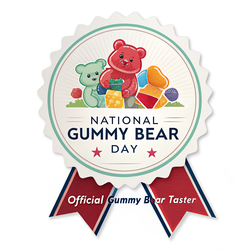 Sub-design idea 5: A 'holiday badge' sticker designed like a prize ribbon. The rosette top features a group of colorful gummi bears and the text 'National Gummi Bear Day', while the ribbon tails proclaim 'Official Gummi Bear Taster' and perhaps the year.