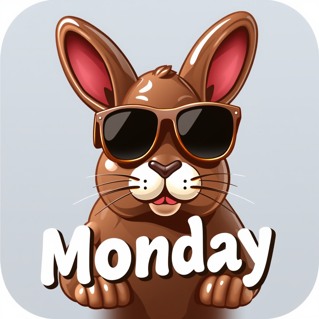 A chocolate bunny wearing sunglasses, conveying a relaxed Monday vibe