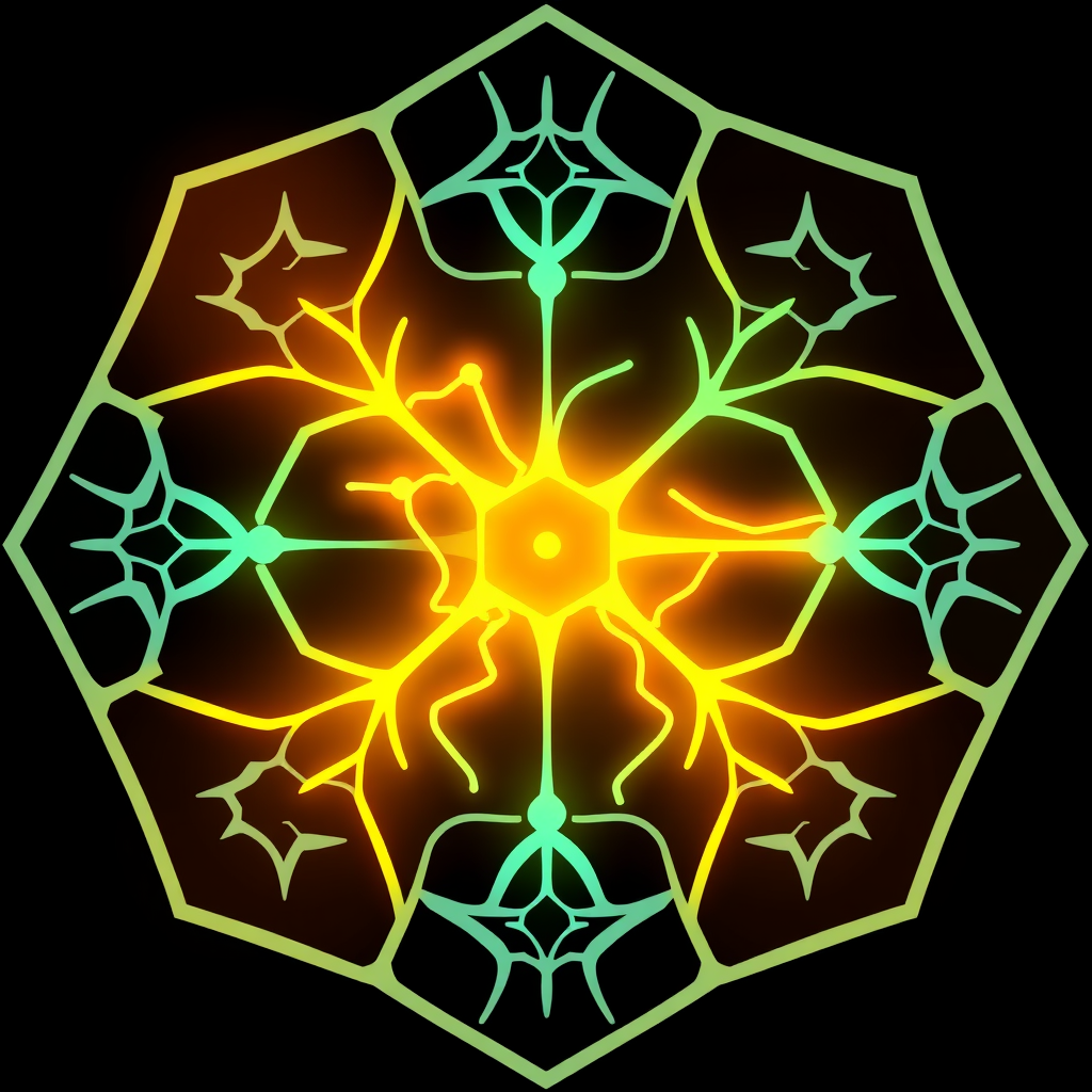 A geometric pattern, like a stylized hexagon grid, where specific nodes and pathways are illuminated or thicker, representing an active neural pathway.