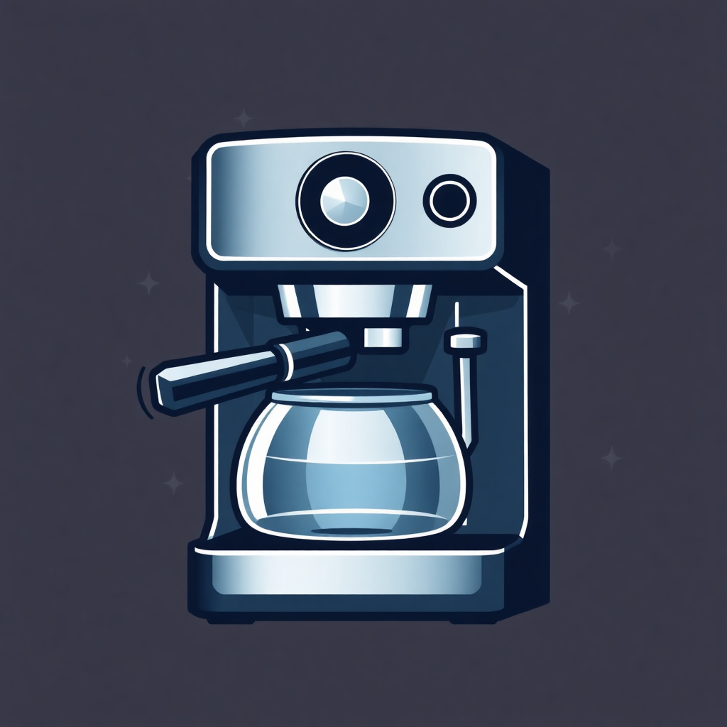 The image is a digital illustration of a coffee machine. The machine is blue in color and has a sleek and modern design. It has a large, cylindrical body with a handle on the left side and a spout on the right side. The top of the machine has two circular buttons on the front, which are likely used to control the machine's settings. Below the handle, there is a glass jar with a lid, which is likely used for brewing coffee. The jar is placed on a black base with a silver lid. The background is a dark grey color with small white stars scattered around.