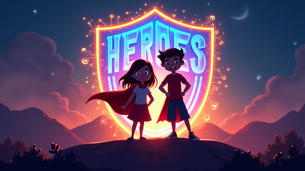A logo for 'Heroes of the Digital Realm': a dynamic and inspiring design featuring a stylized shield or a digital gateway, with silhouettes of a parent and child, or empowered children, presented as superheroes. Typography should be bold, friendly, and modern, potentially incorporating subtle digital elements like pixels or circuit lines.