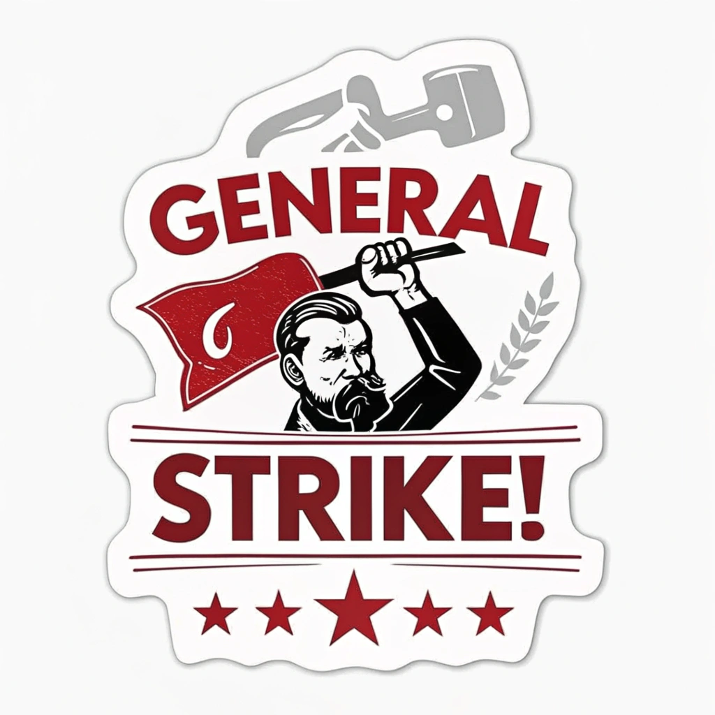 Translated Text (English): May Day Protest Stickers - Bold Typography 'General Strike!' May Day Sticker
