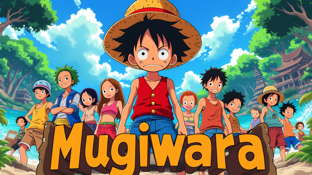 A colorful wallpaper showing Luffy standing above the word 'Mugiwara' with his friends, capturing the essence of their quest for the One Piece treasure through diverse and mystical lands.