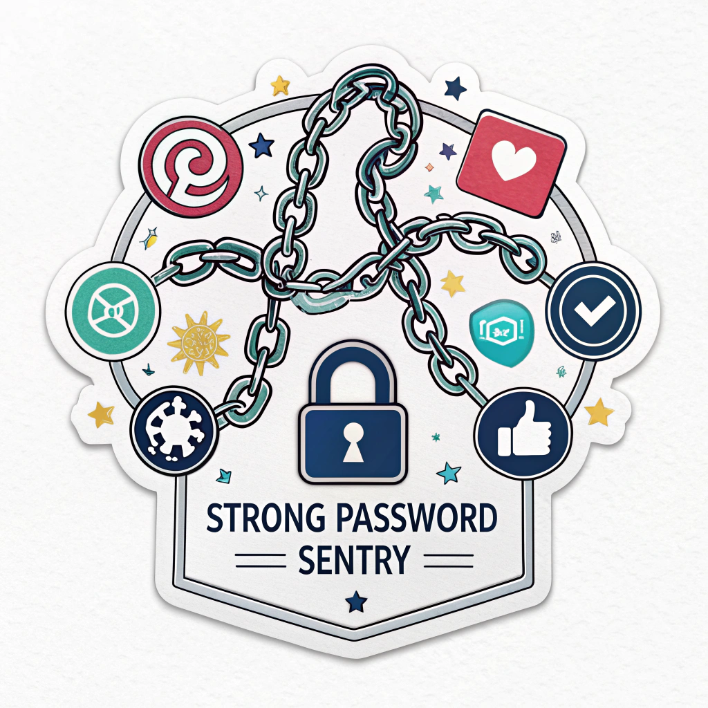 A design showing a complex, unbreakable chain or a digital fortress wall made of asterisks and symbols (e.g., #, !, @) protecting generic social media app icons. Text 'Strong Password Sentry' integrated into the wall structure.