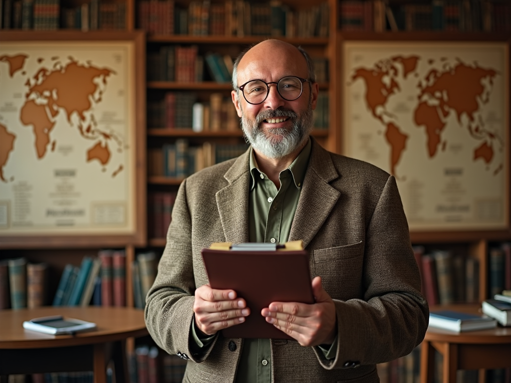 A history teacher clad in a tweed jacket and round spectacles holds a clipboard in a classroom filled with history books. Behind him, antique maps and historical timelines are displayed on the walls.