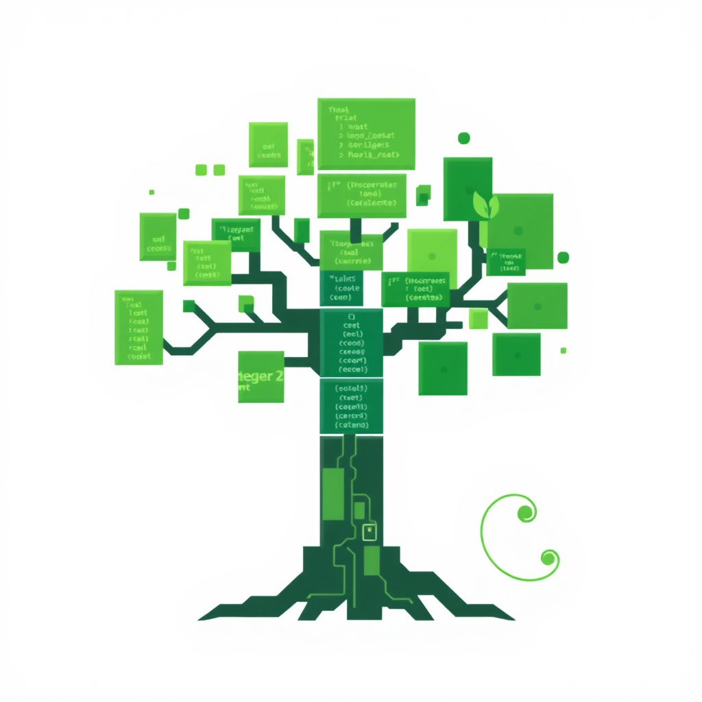 Code Branching into Life: Abstract code blocks arranged like the trunk and foundational branches of a tree. As the branches extend, they transform from blocky structures into natural, leafy patterns or swirling organic designs, showing growth from code.