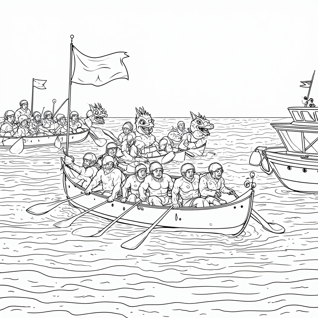 The Start Line Excitement: Capture the tense moments before the race begins, with several dragon boats lined up, paddlers poised, and the starter's flag about to drop. Include elements like buoys and official boats.