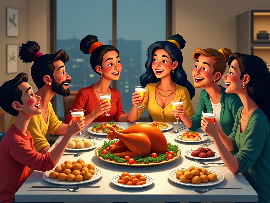 A Thanksgiving cartoon set in a modern loft, where the metallic table is loaded with international dishes like sushi and samosas to accompany traditional turkey. Each family member uniquely represents the global theme, with shades of tradition alive in the elaborate place settings, merging diversity with the spirit of a renowned holiday.