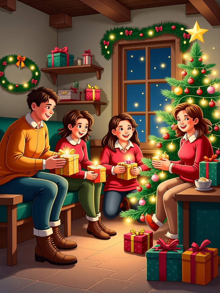  a family of four sitting on a bench in front of a Christmas tree. The tree is decorated with colorful ornaments, lights, and a star on top. There are several gift boxes scattered around the room, including a coffee cup and saucer. The family is smiling and holding presents in their hands. The room has a wooden ceiling and a window with a wreath hanging on it. The overall mood of the image is cheerful and festive.