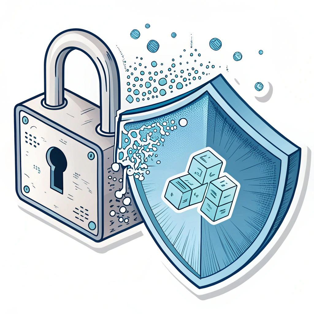 Sub-design 5: A padlock morphing into a shield or vice-versa, with the padlock element clearly showing signs of digital encryption (e.g., a shimmering data field around it, or the lock body made of tightly packed data cubes).