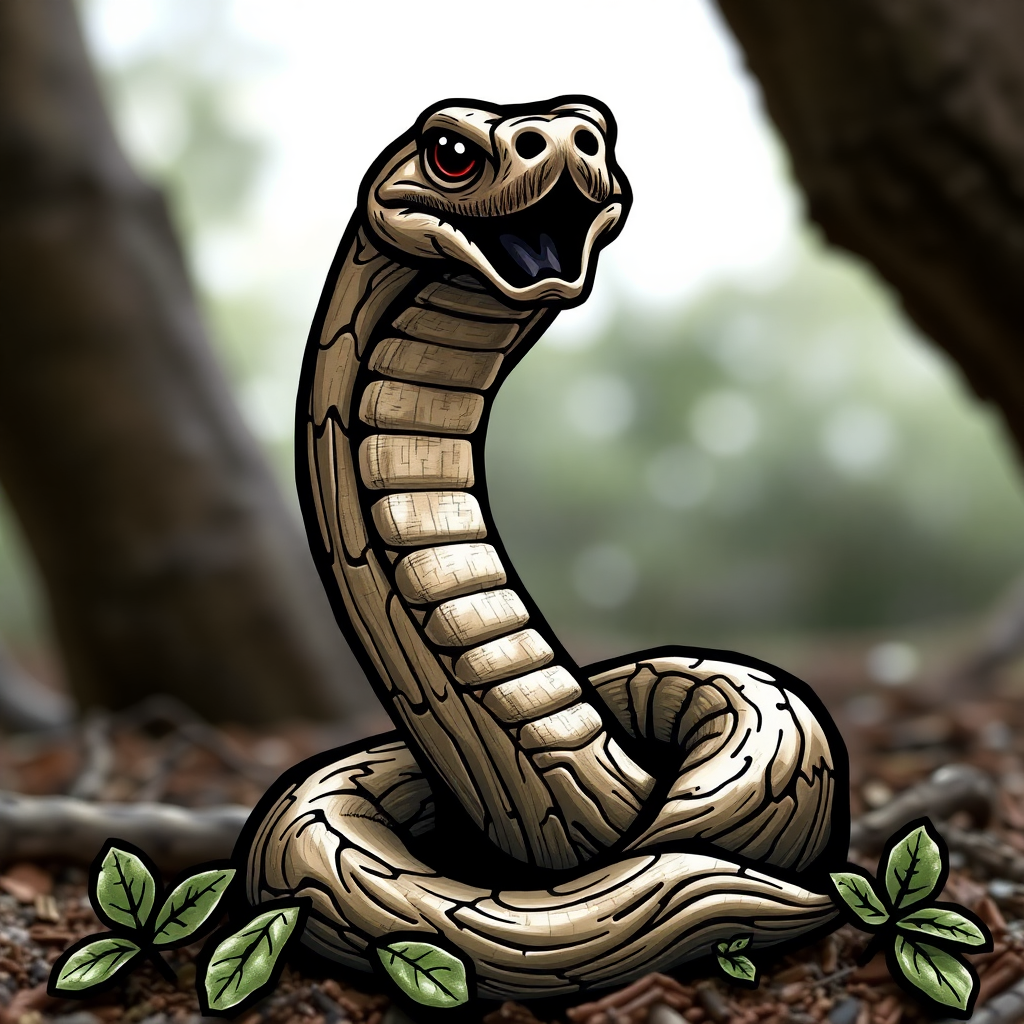 The image is a digital illustration of a cobra coiled up on the ground in a forest. The cobra is facing towards the right side of the image and its mouth is open wide, revealing sharp teeth. Its body is a light brown color with darker brown stripes running along its length. The background is blurred, but it appears to be a wooded area with trees and foliage. There are also some green leaves scattered around the cobra. The overall style of the illustration is cartoon-like and the colors are bright and vibrant.