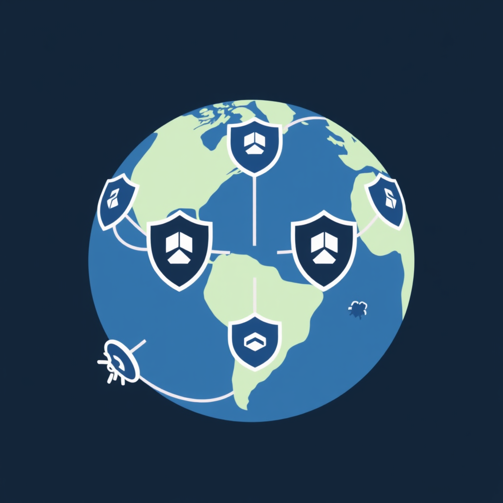 Simple Icon Concept: A minimalist globe with several prominent, interconnected shield icons linked by curved lines across its surface. One or two small, abstract 'threat' symbols (e.g., a jagged pixelated shape or a tiny bug icon) are shown near the globe, being blocked or deflected by the shield network.