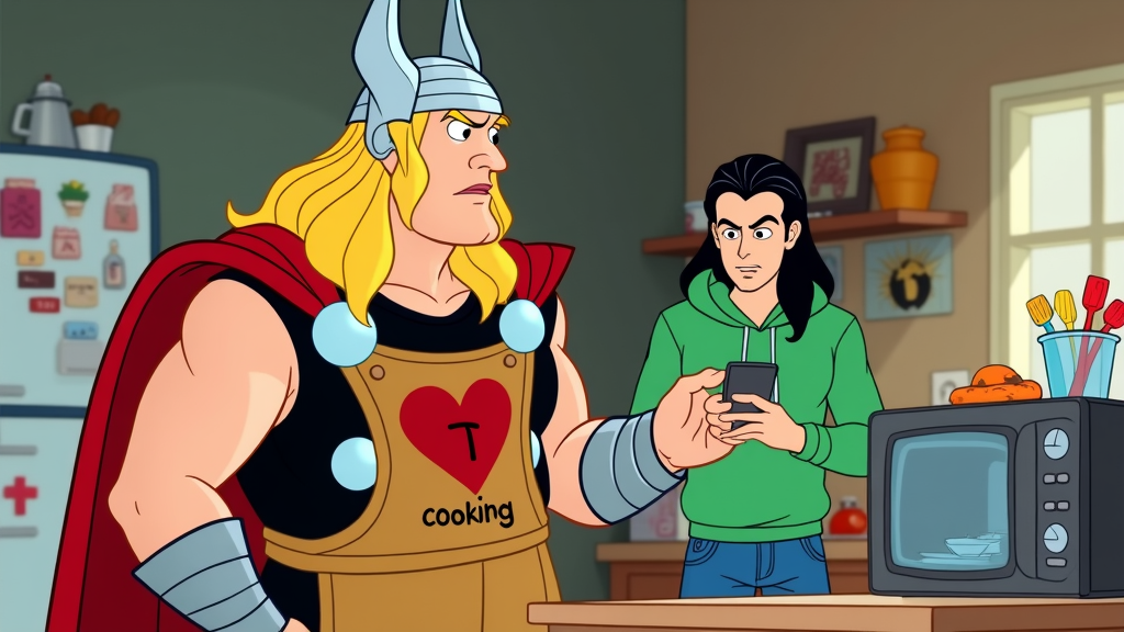 A cartoon series featuring the Norse gods as quirky, relatable characters in everyday situations, like Thor struggling to use a modern microwave or Loki trying to navigate online dating.