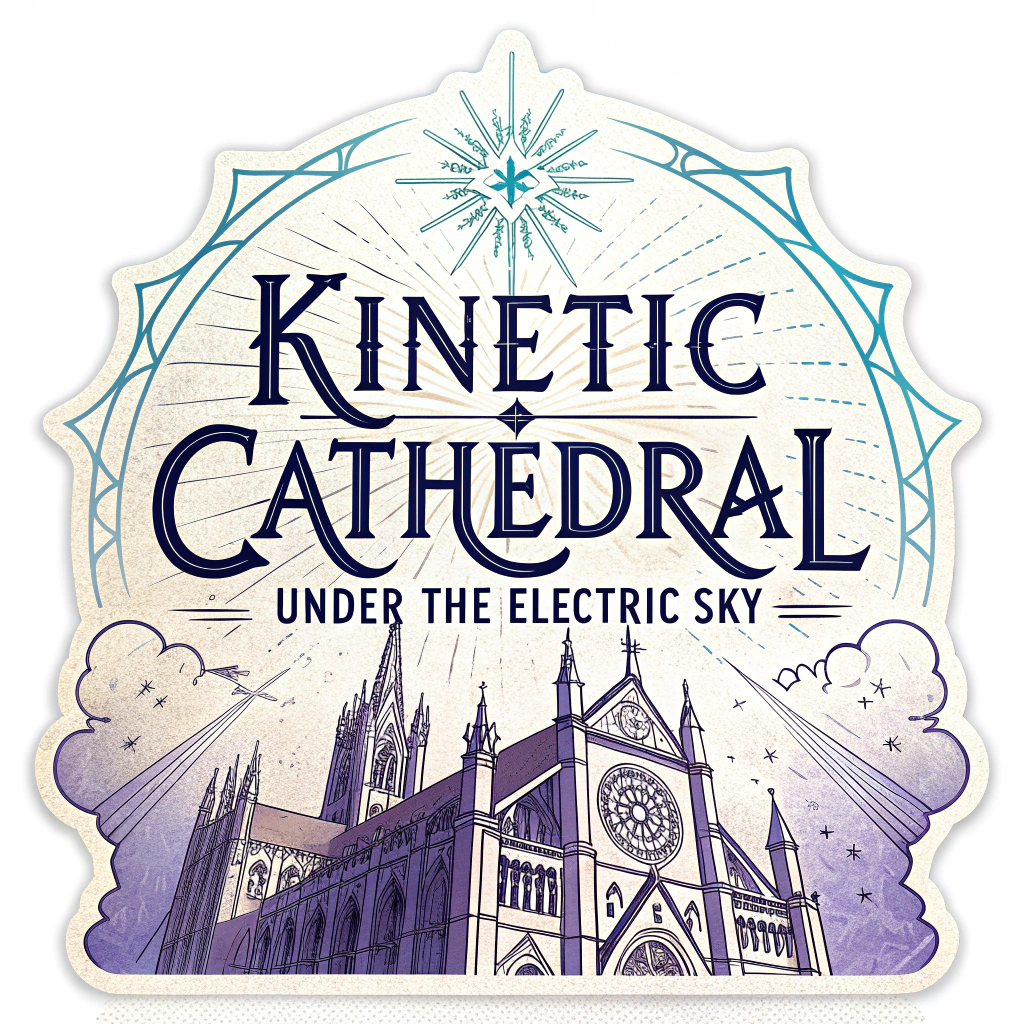 A sticker with the text 'Kinetic Cathedral' or 'Under the Electric Sky' in a majestic, gothic-inspired font that mimics the architectural style of the stage, perhaps with subtle glowing outlines or light ray effects.