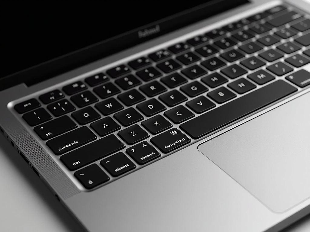 A close-up of the laptop's keyboard reveals flat, square keys with short travel, ideal for fast typing. The keys are matte black with white lettering, designed for readability and a minimalist look. The surrounding palm rest area features a brushed aluminum finish.