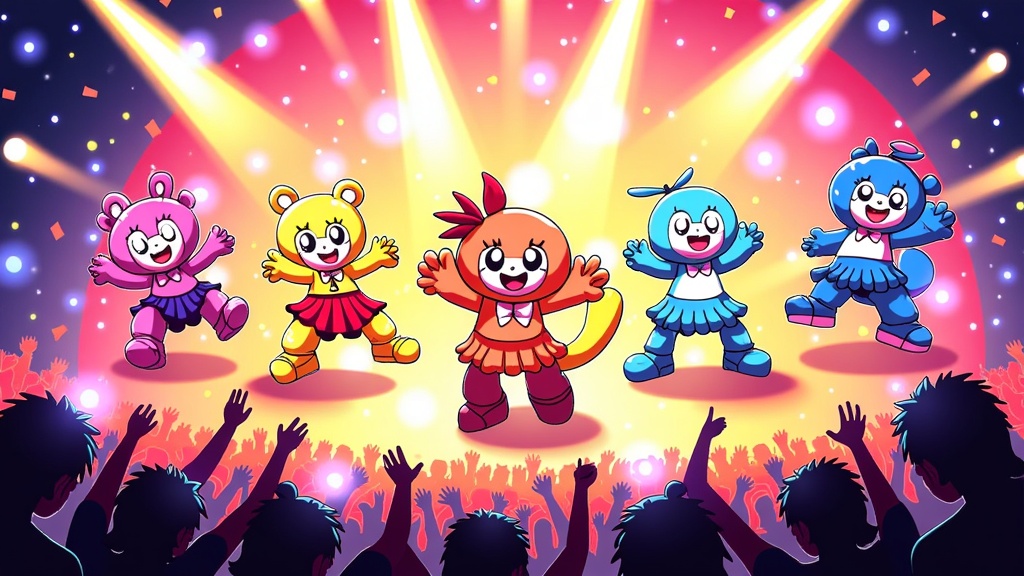 Mascot & OC Stage Extravaganza: Create an illustration of a high-energy stage performance or talent show featuring Anime Central mascots and original characters, complete with dazzling lights, a cheering audience silhouetted in the background, and playful, somewhat chaotic acts.