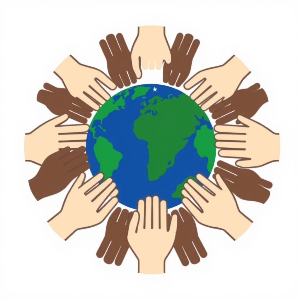 Ring of Hands Around Earth: Stylized, simplified hands or iconic human figures forming a continuous, supportive circle around a central Earth icon, signifying global solidarity, community, and collective protection.