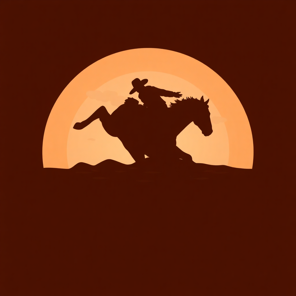 A layered silhouette effect, with a bucking bronco in the foreground and a subtle desert landscape in the background.