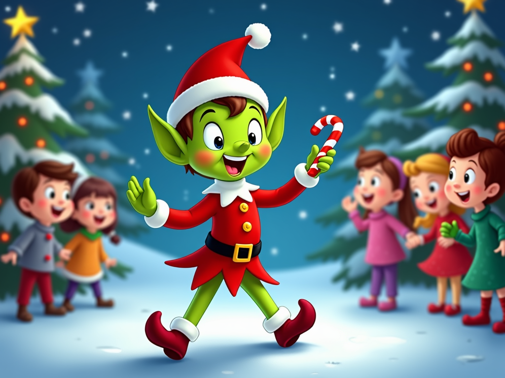 The image is a digital illustration of a Christmas scene. In the center of the image, there is a cartoon elf wearing a red suit and a red hat with a white pom-pom on top. He is holding a candy cane in his right hand and has a big smile on his face. The elf is walking on a snowy ground with a group of children around him. The background is filled with Christmas trees decorated with colorful ornaments and lights. The sky is blue with white stars. The children are smiling and appear to be happy.