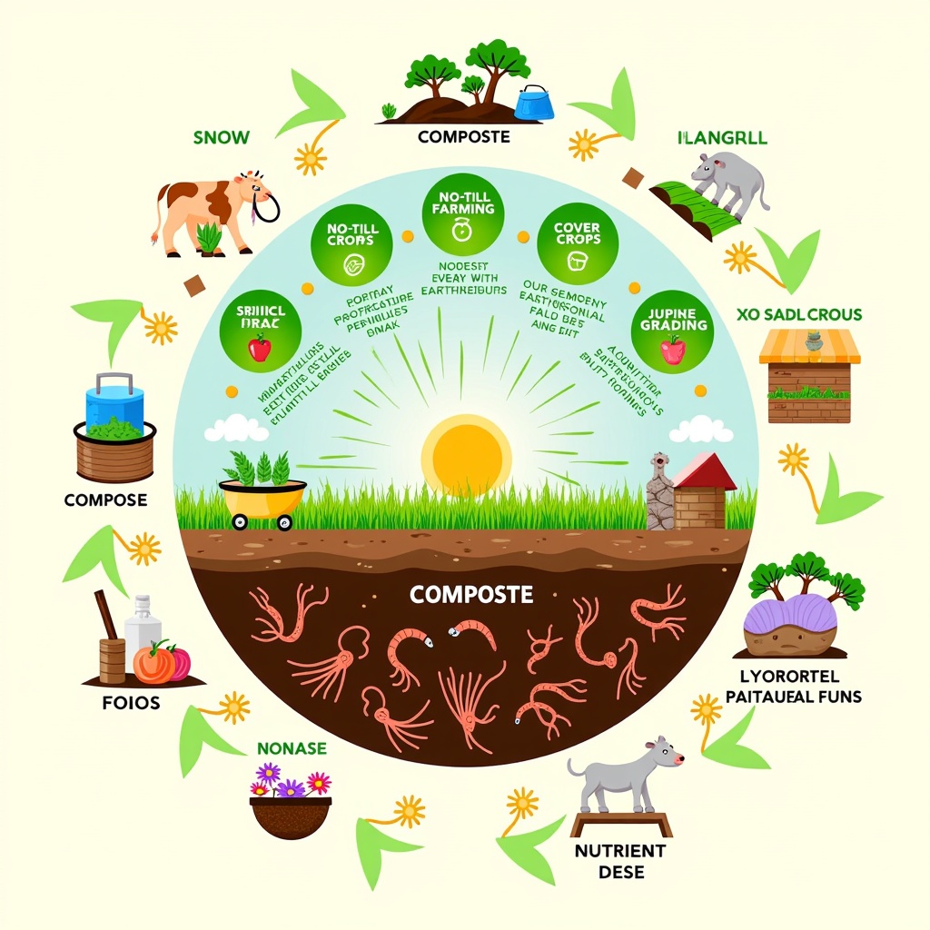 A circular infographic style illustration depicting the cycle of regenerative agriculture. Show elements like composting, no-till farming, cover crops, rotational grazing, and healthy soil teeming with life (earthworms, mycorrhizal fungi), all leading to nutrient-dense food and a healthier ecosystem.