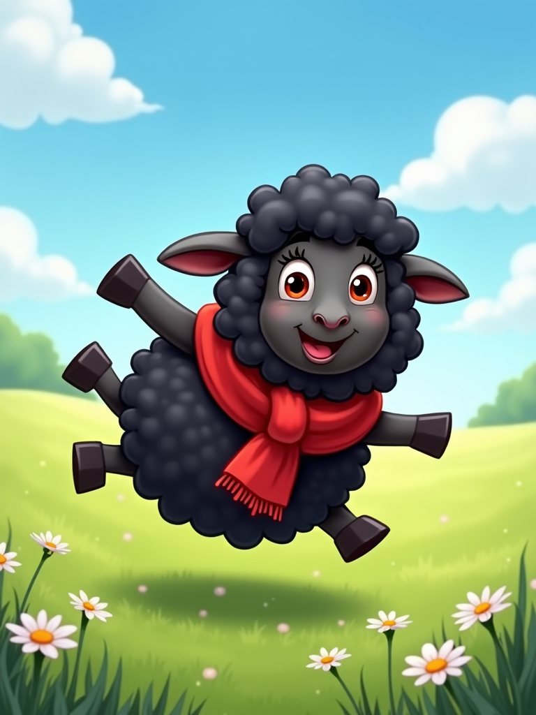 The image shows a cartoon black sheep wearing a red scarf flying through the air in a field of flowers, grass, and trees with a blue and white sky in the background.