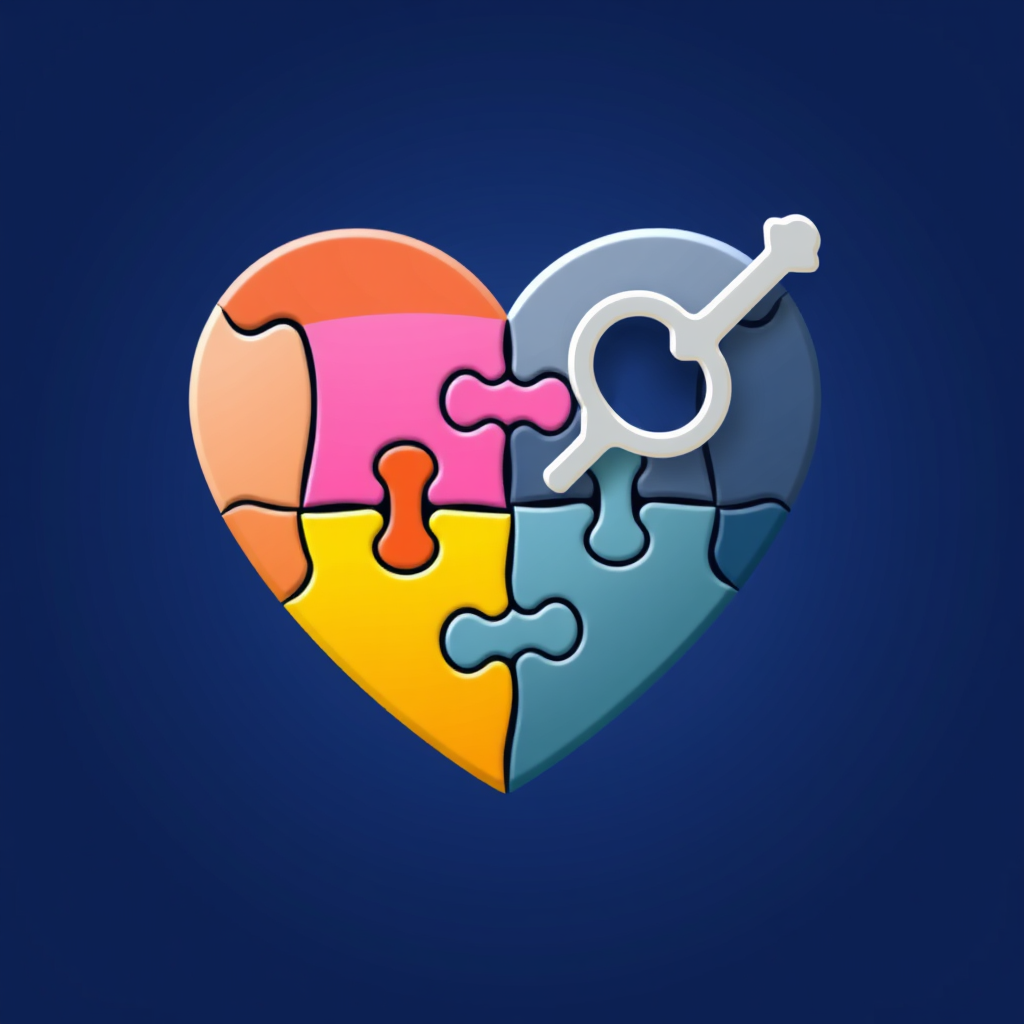 A heart made of puzzle pieces, with a key-shaped piece being inserted to complete it