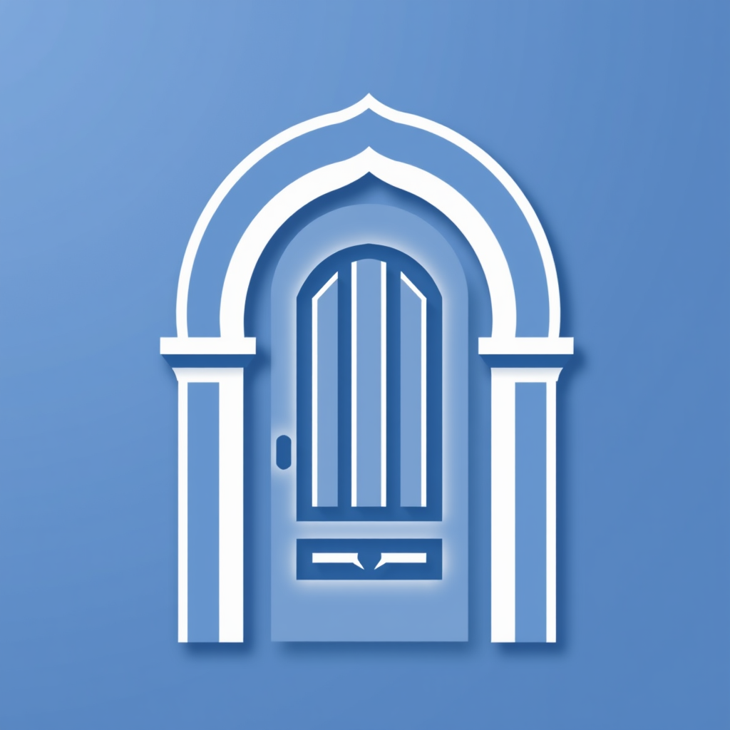 Use a stylized archway as the door's outline, incorporating a geometric pattern within it. The door can be represented by vertical lines that follow the arch's shape. 