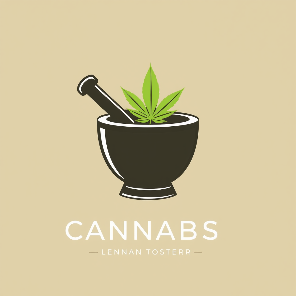 Simple Logo Idea: A clean, contemporary mortar and pestle mark where a single, elegantly drawn cannabis leaf is subtly integrated—perhaps as a small insignia on the mortar or as an organic element growing beside it. Designed for strong brand identity with accompanying text.